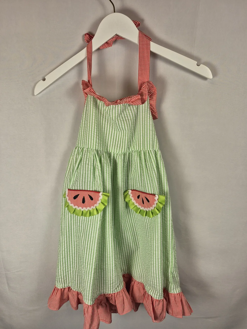 Sugar Dumplin Girls' Green Watermelon Halter Dress 100% Cotton Size 7